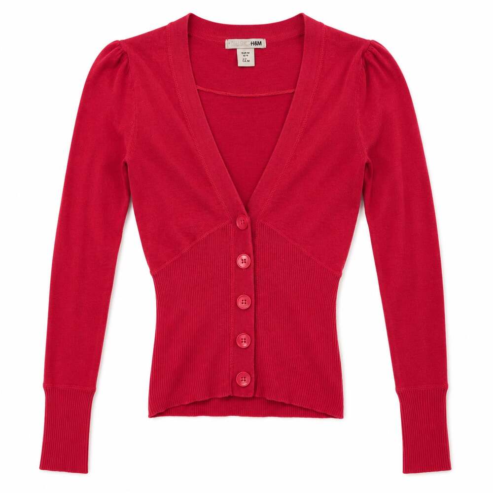 Y2K H&M Red Ribbed V-Neck Button-Down Cardigan Sweater